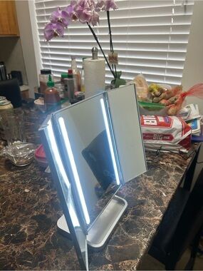 Lighted Trifold Makeup Mirror LED Magnification Touch Screen Sz 13 1/2”X9 1/4”